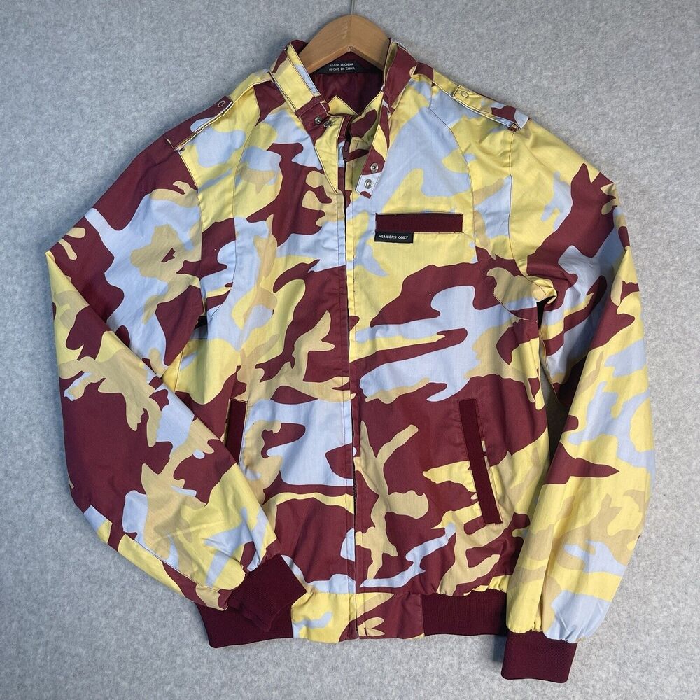 Members Only Iconic Racer Jacket Small Camo Bomber Burgundy 80’s Fashion Retro